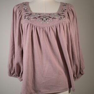 True Craft Womens XS Dusty Rose Embroidered Boho Peasant Blouse Puff Sleeve Top